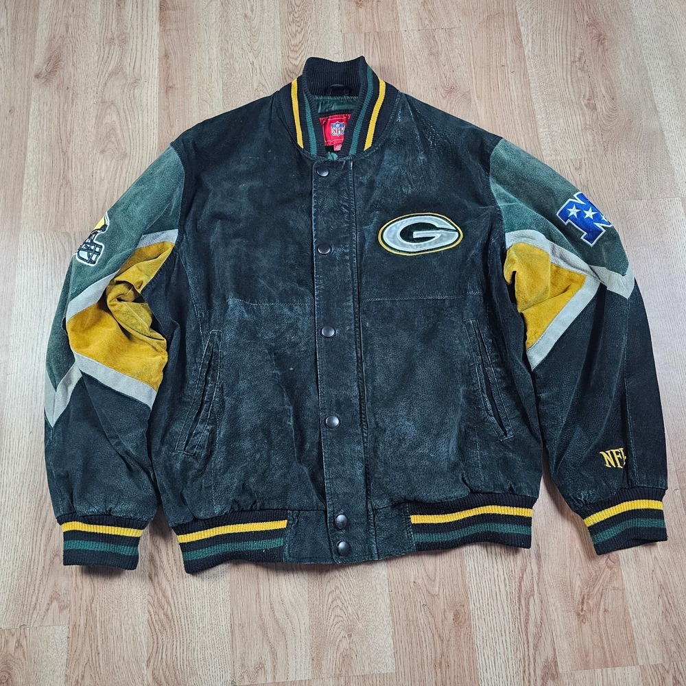 Vintage NFL Green Bay Packers Varsity Jacket Mens L Green Suede Leather Bomber